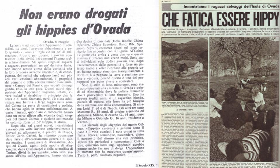 Zeitungsartikel über die Ovada Kommune in schwarz/weiß